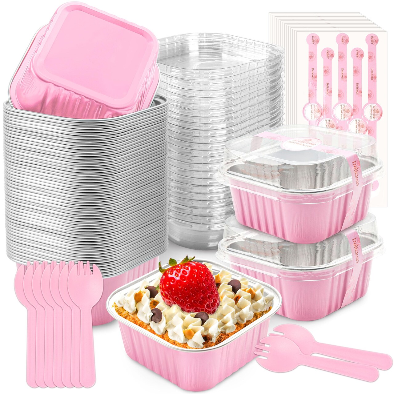 50 Pcs Mini Cake Pans with Lids and Spoons Aluminum Foil Mini Square Baking Cups with Lids Disposable Ramekins Cake Pans Dessert Cups for Wedding Mothers Day Gifts Party Favors(Pink,5oz)